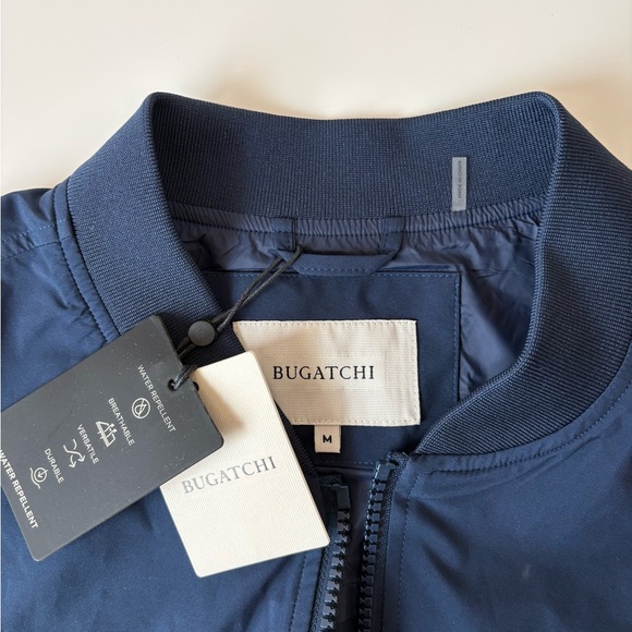 Bugatchi Men Medium Full Zip Navy Bomber Jacket Ribbed Water Repellent New - Picture 2 of 9
